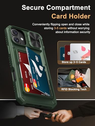 Image of Vihibii for iPhone 16 Plus Case with Card Holder (4 Cards) [RFID Blocking] & Slide Camera Cover, Military Grade Drop Protection, Rugged Hard Back & Silicone Edge Wallet Phone Cover, 6.7 inch 2024, Green