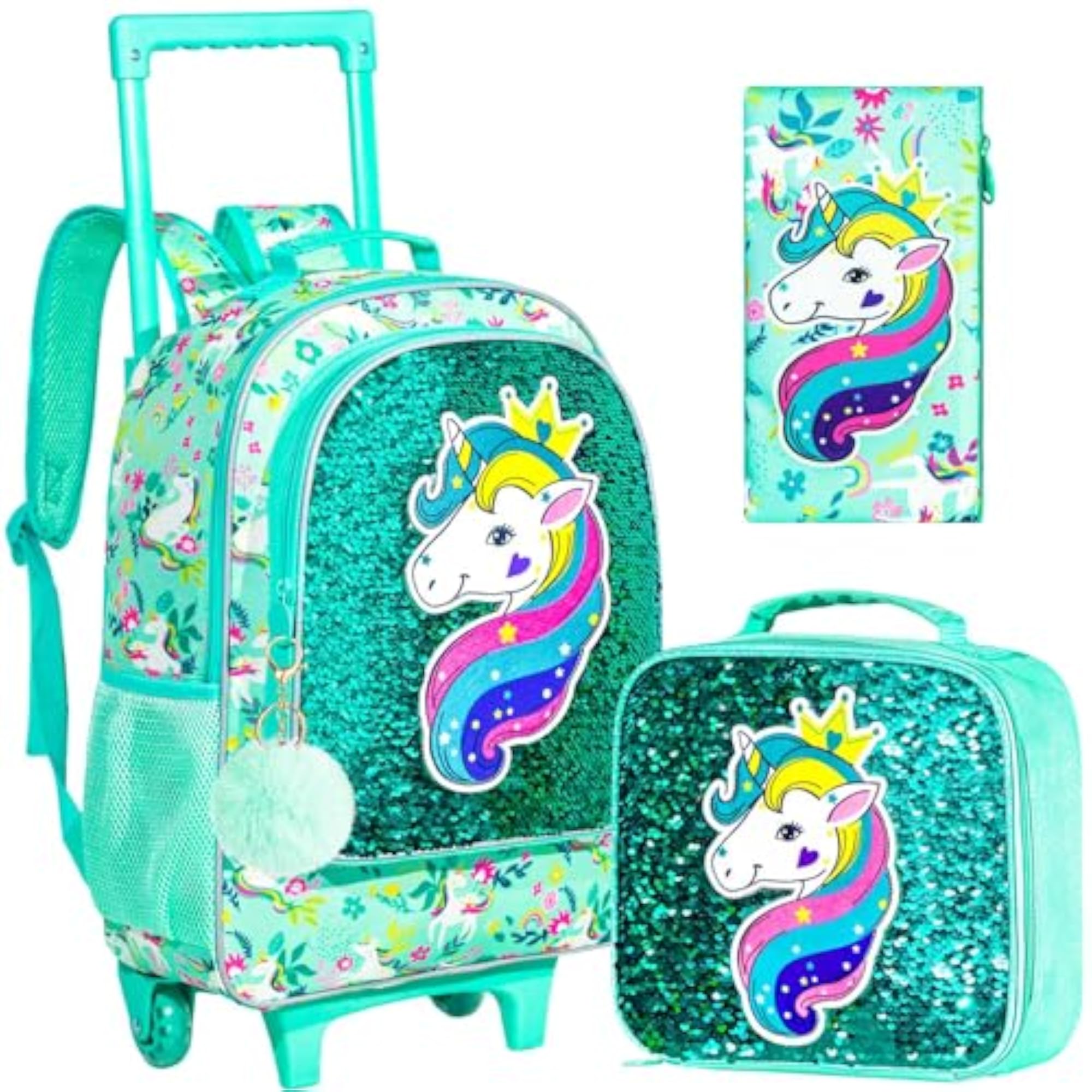 3PCS Unicorn Rolling Backpack Set for Kids