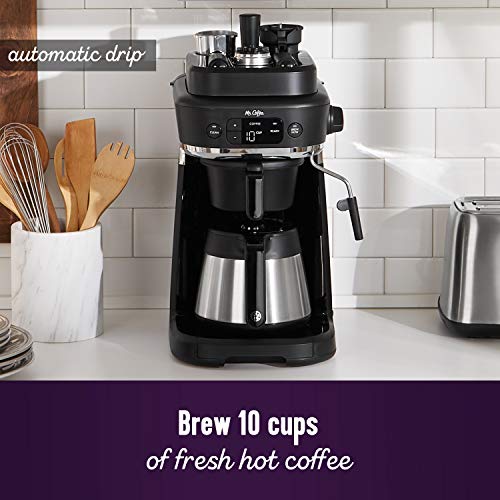 Image of Mr. Coffee All-in-One Occasions Specialty Pods Coffee Maker, 10-Cup Thermal Carafe, and Espresso with Milk Frother and Storage Tray, Black