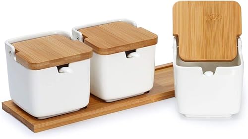 Miniatura 11 de Lucky Goddness Azucarero de cerámica con tapas y cucharas, contenedor de condimentos de porcelana, tarro de especias, salero para cocina