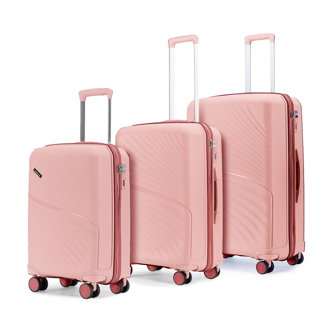 LAttitude By Provogue Meridian Set of 3 Trolley Bags Cabin + Medium + Large Polypropylene Hard Suitcase, 8 Spinner Wheels, 2-Pocket Convipack, Recessed Number Lock Blossom Pink/Megenta Pink
