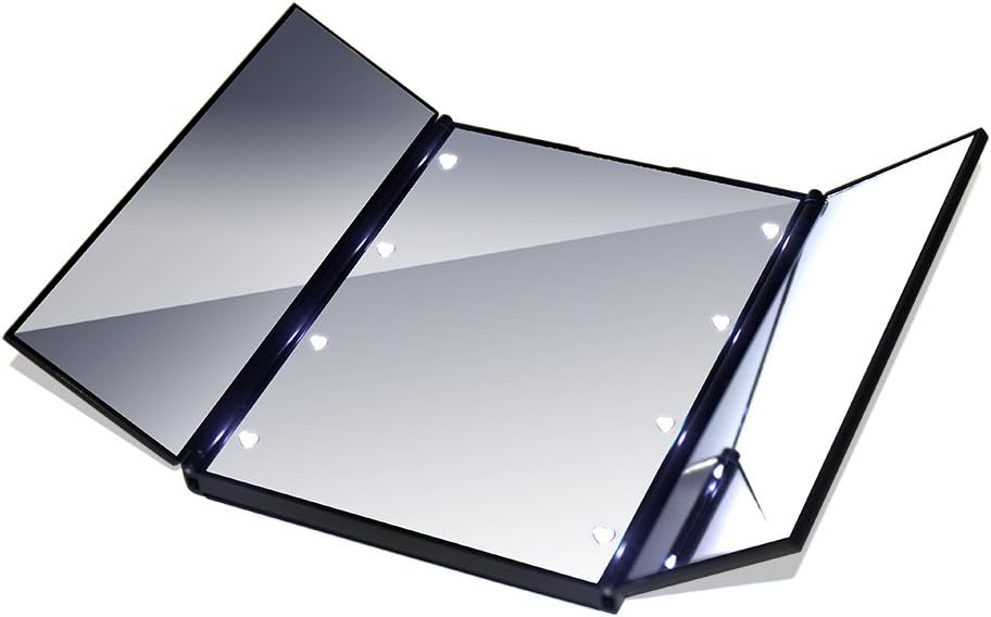 MAXPRETTY 3-folds Handheld Mirror for Make up Portable Design with Illuminated LED Lights(battery included)