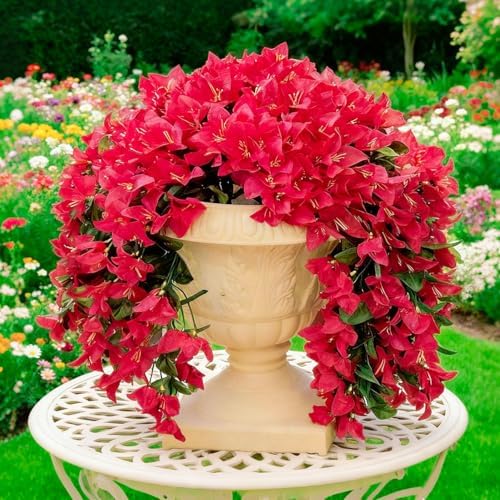 Artificial Flowers for Outdoors Fake Bougainvillea Hanging Flower Decoration, 2Pcs Realistic Faux Silk Plants Long Trailing Vines, Fall Decor for Porch Patio Balcony Planter Yard(Red)