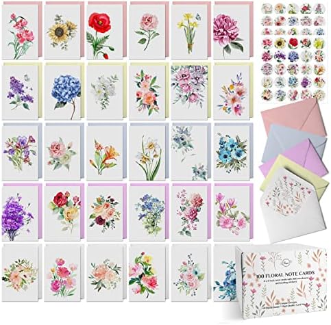 Dessie 100 Floral Blank Note Cards with Envelopes All Occasion. 100 4x6 Inch Blank Greeting Cards w/Pastel Color Envelopes & Floral Seals. 100 Different Floral Watercolor Designs - No Repeats.