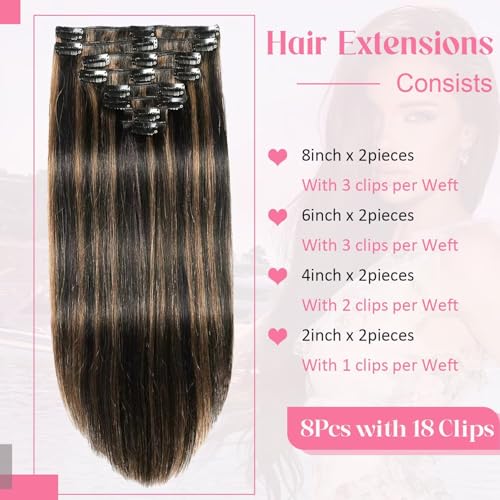Clip in Hair Extensions Real Human Hair 4.3oz/120g Clip ins 100% Human Hair Extension for Women 8pcs Per Set with 18 Clips Double Weft (24 Inch #1B/6 Natural Black to Chestnut Brown)