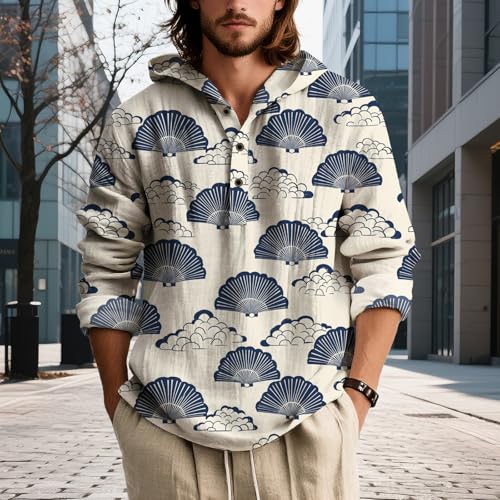 LOAIHA Men's Boho Print Terry Cloth Hooded Sweatshirt Lightweight Long Sleeve Pullover Relaxed Fit Top For Spring Fall2