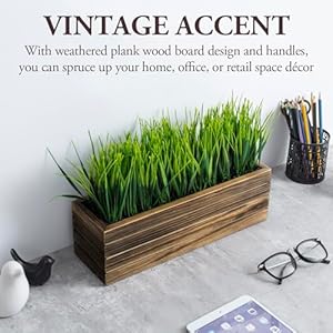 MyGift 14 Inch Artificial Green Grass Plant in Rustic Burnt Solid Wood Rectangular Crate Style Planter Box, Indoor Decor Faux Greenery in Decorative Wooden Container MyGift 14 Inch Artificial Green Grass Plant in Rustic Burnt Solid Wood Rectangular Crate Style Planter Box Indoor Decor Faux Greenery in Decorative Wooden Container