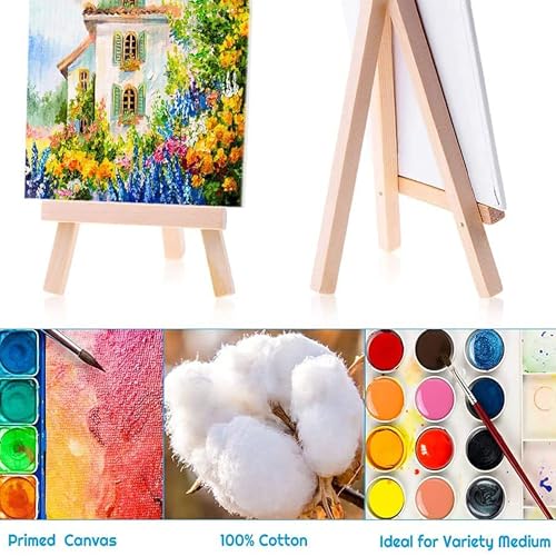 Image of 10 inch Inch Wooden Easel Stand with 6 inch Canvas - Premium Pine Wood Build | Smooth Rounded Top Finish | Rust-Free Brass Hinges | Tabletop Display for Canvas, Photos & Cards (2)