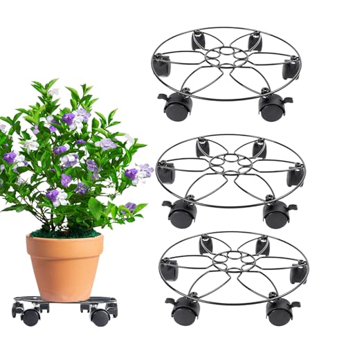 Stand de planta con ruedas, soporte de plantas sobre ruedas - Migriante de planta de carro de flores con ruedas - 3x Pallet de plantador de metal pesado, motor de maceta con 6 ruedas para interiores a