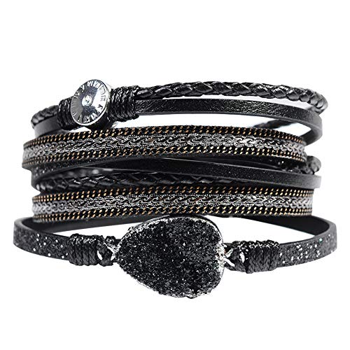 Leather Cuff Bracelet for Women - Boho Beads Wrap Clasp Bangle Bracelet Leather Wristbands Birthday Gifts for Women(Black with druzy)