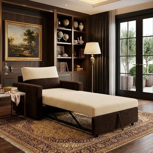 Image of SOCOZI Enrique 1 Seater Sofa Cum Bed | Soft Velvet Suede Fabric | Modern Convertible Design | Plush Comfort Seating for Living Room (Dark Brown-Cream)