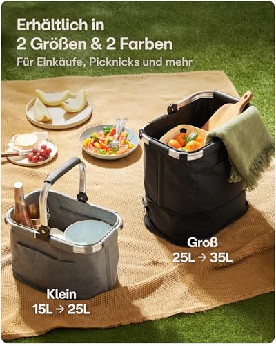 Praknu Einkaufskorb Faltbar Klein – 2 in 1 Erweiterbar 15L auf 25L – Abnehmbarer & Waschbarer Bezug – Stabil mit Alurahmen & Verstärktem Boden – Extra Fächer innen & außen – Tragekorb – Schwarz