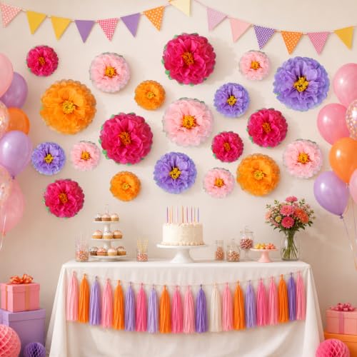 Image of Cholemy 24 Pcs Tissue Paper Flowers, Crepe Paper Flowers Decorations 8 inch 10 inch 12 inch for Wedding Party Baby Bridal Shower Carnival Party Birthday Nursery Wall Decor (Pink,Purple,Orange,Rose Red)