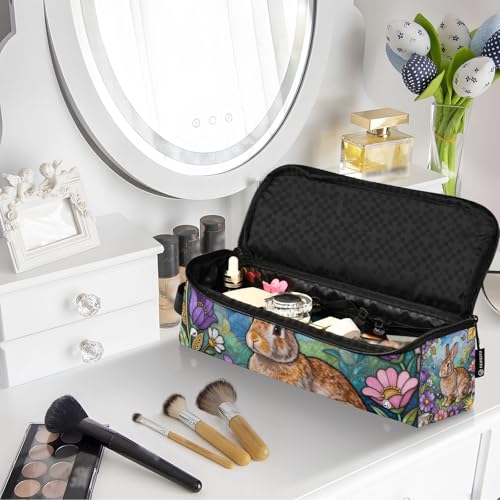 Bolsa de viaje para herramientas de cabello con almohadilla resistente al calor para plancha y rizador, organizador impermeable, diseño con conejo y flores miniatura 7