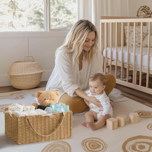 Image of HBlife Large Baby Diaper Caddy Organizer, Paper Rope Storage Baskets Nursery Bin with Removable Divider, Portable Car Organizer for Diapers, Baby Shower Gifts, Newborn Essentials Must Haves