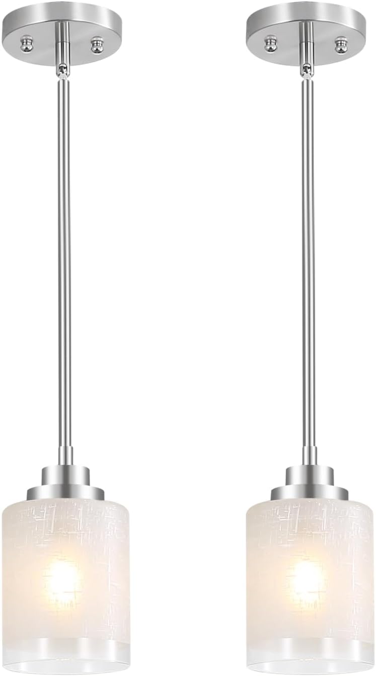 Cerdeco Modern Glass Pendant Light 2 Pack with Linen Frosted Glass Shade,Height Adjustable Hanging Pendant Lighting,Kitchen Island Lighting,Brushed Nickel Finish,UL Listed