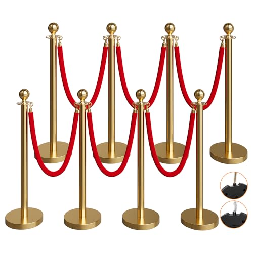 Image of 8 Pack Gold Stanchions and Velvet Ropes Set, Stainless Steel Crowd Control Barriers, 6Pcs Red Carpet Ropes and Poles for Party Supplies,Photobooth Accessories, Prom,Birthday,Business,Wedding, Museums