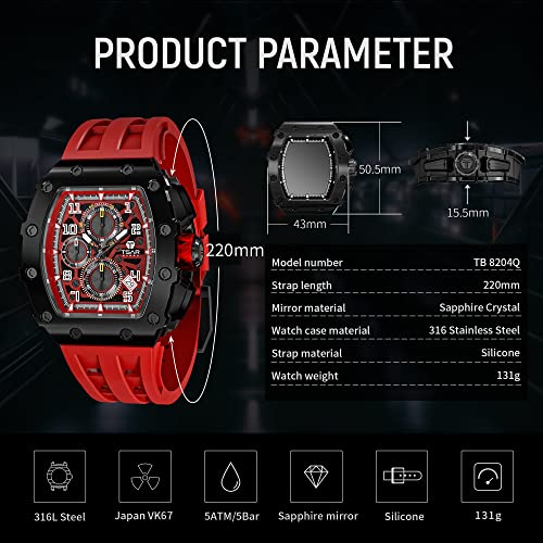 Image of TSAR BOMBA Mens Luxury Watch Watches for Men 50M Waterproof Japanese Quartz Movement Tonneau Stainless Steel Case Sapphire Glass with Chronograph Date Function Cool Unique Fashion Gift