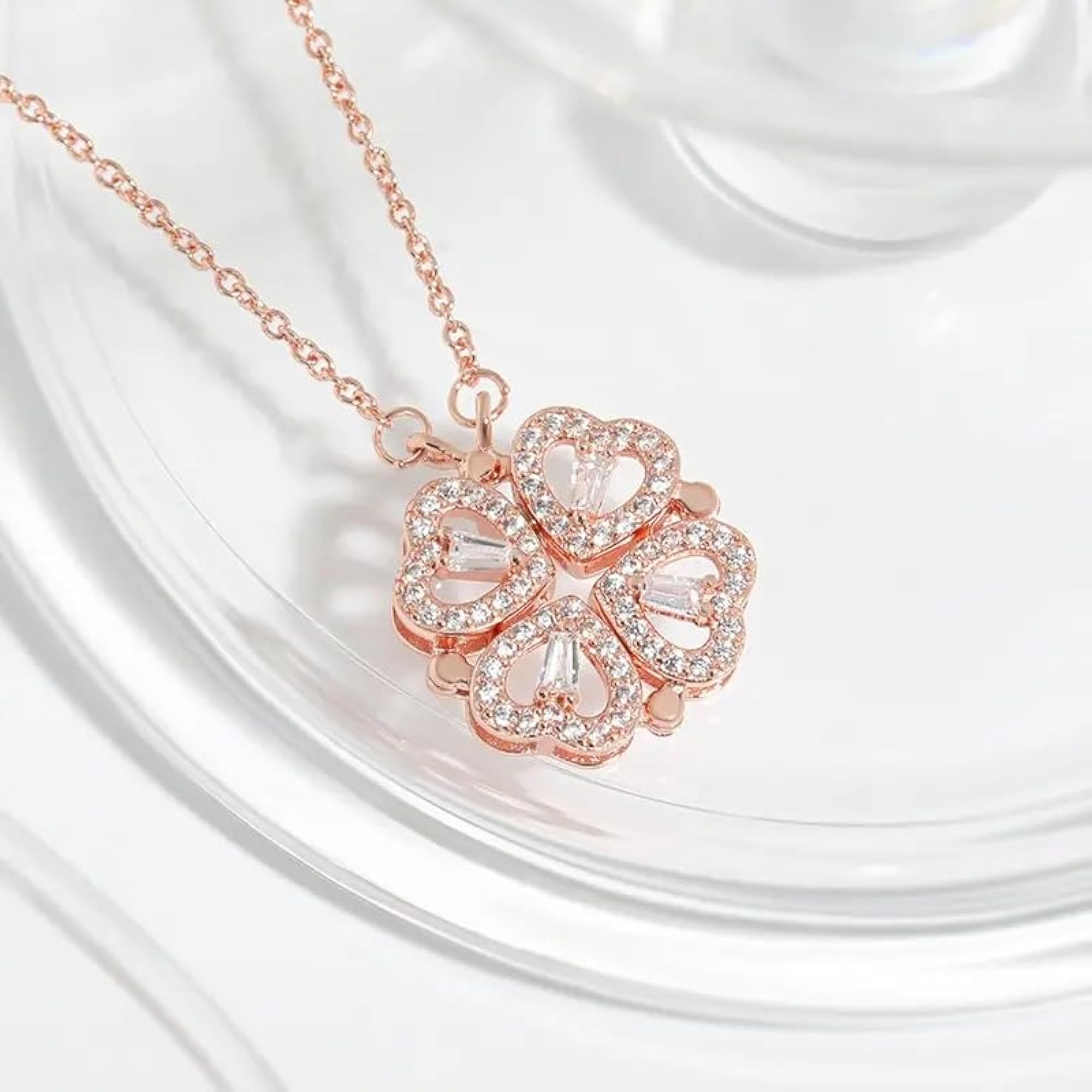 Crystal Four-Heart Clover Pendant Necklace with Magnetic Clasp