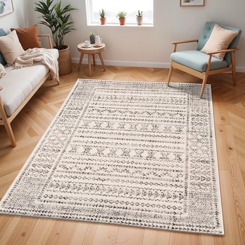 Livabliss Tokyo Wohnzimmer Boho, großer Schlafzimmer 150 x213 cm ,Esszimmer mit geometrischem Muster, Skandinavischer Wohnzimmer modern in Elfenbein, Grau, Schwarz