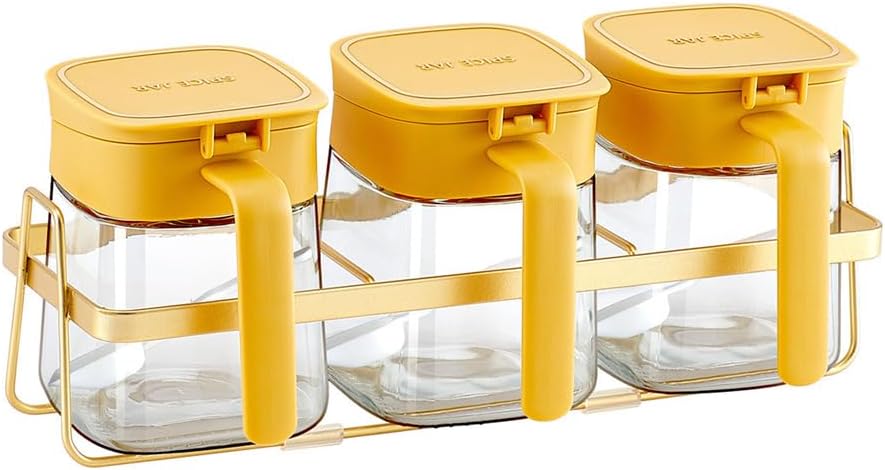 350ml/12.3 oz Glass Seasoning Jar, Sugar Bowl with Lid and Spoon, Salt Containers Spice Jar for Home and Kitchen (Yellow, set of 3)