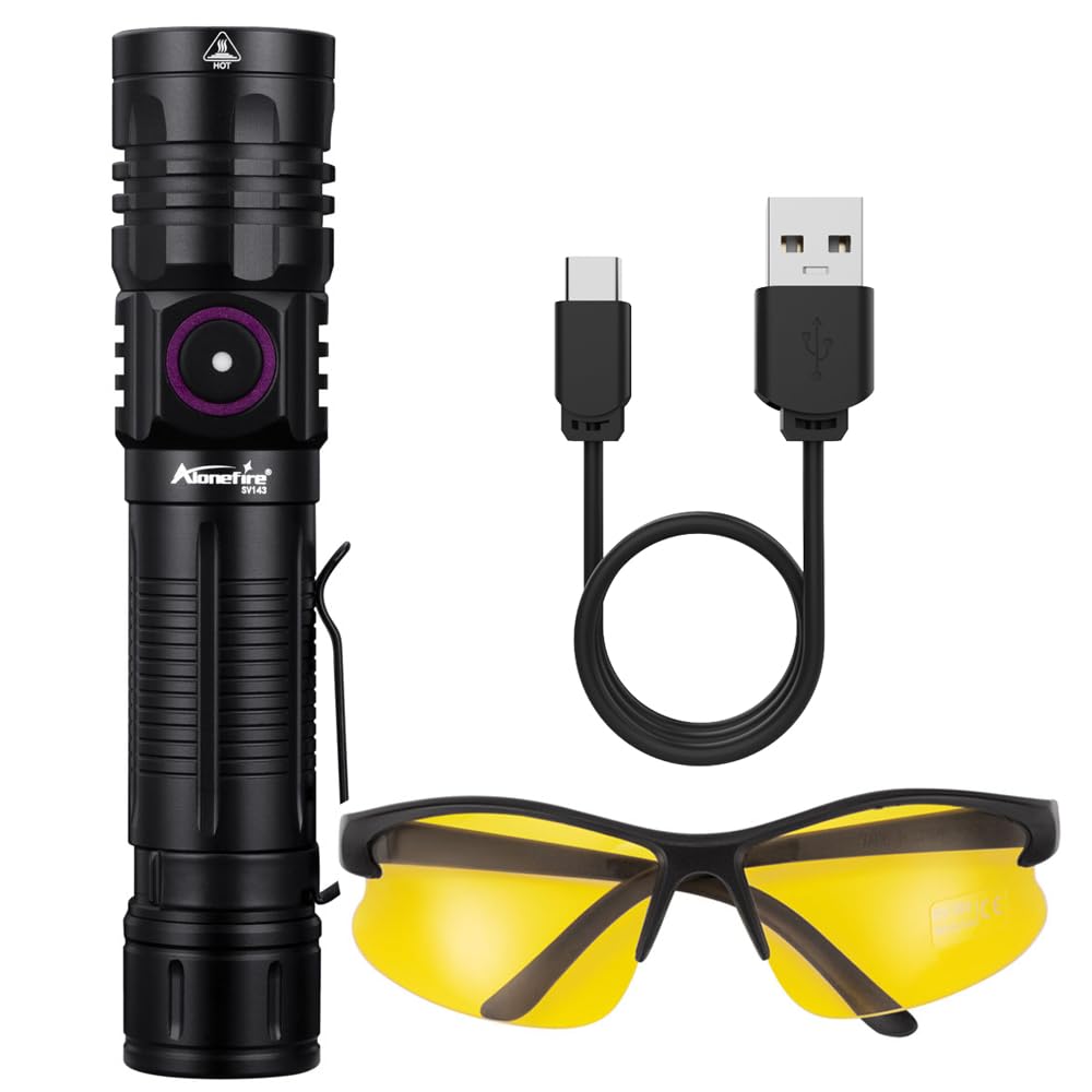 Alonefire SV143 Linterna UV 365nm 10W Profesional Recargable USB C Potente Luz Negra Detector de Orina para Resina, Pesca, Escorpión, Minerales, Pegamento, Ámbar con Gafas Protectoras UV, Batería