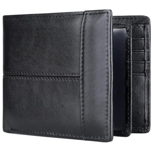 Vintage Mens Genuine Leather Bifold Wallet RFID Blocking ID Window Card Slots Retro Design (Black)
