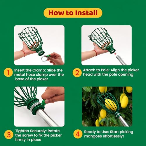Image of Urban Plant Mango Plucker | Metal Fruit Picker Head | Green | with Sponge | Attaches to Any 1-Inch Pole | Rust-Proof Powder-Coated Iron (Pole Not Included)