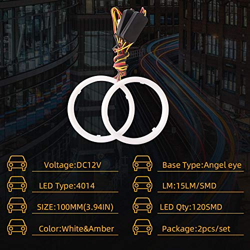 Qasim 1-Pair 100Mm White+Amber Switchback 132Smd 4014 Led Halo Ring Angel Eyes Drl Warning Lights 12V #TOP1