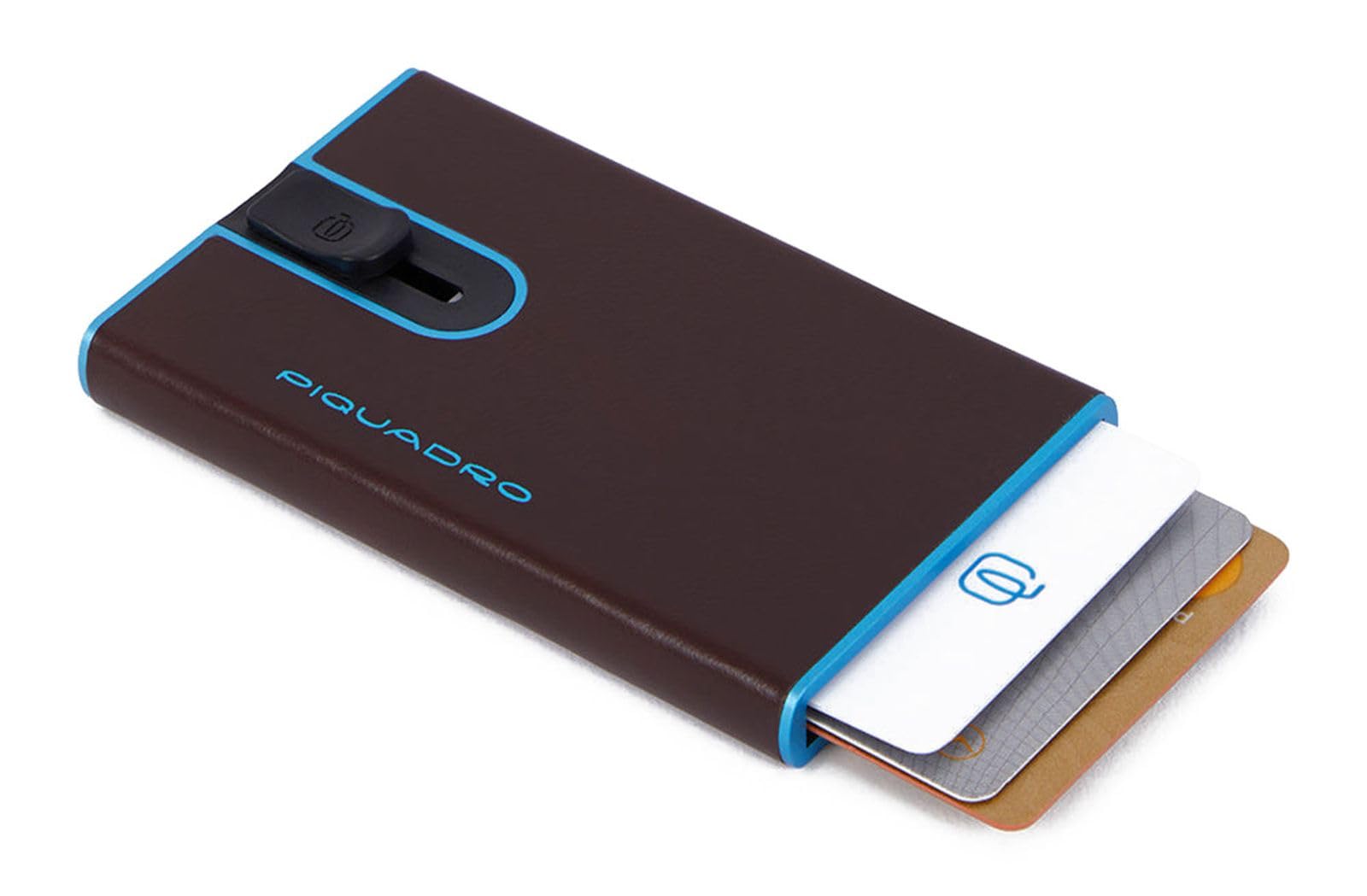 PIQUADRO – Portacarte Automatico - Blue Square – in Metallo e Pelle – Protezione RFID - Uomo – Colore Mogano