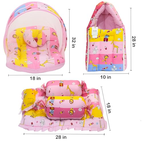 Image of Fareto Combo of Baby Bed with Net | Carry Bag | 4 Pcs Bedding Set (0-6 Months, Baby Size, Cotton) (Pink Giffi)