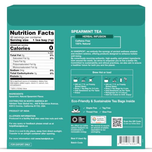 Image of HANDPICK, Spearmint Tea Bags (40 Herbal Tea Bags) |Refreshing Mint Tea | Non-GMO | Round Eco-Conscious Teabags