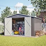 Abri de Jardin Métal Galvanisé avec Fondation, Cabane de Jardin Extérieur Résistant aux Intempéries, Cabanon de Rangement Spacieux, Toit Incliné Anti Pluie, Gris (10x8 FT)