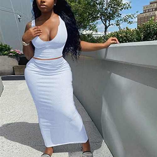Image of Women Sexy Two Piece Skirt Outfits Long Sleeve /Sleeveless V Neck Bodycon Ribbed Knitted Maxi Club Party Dress