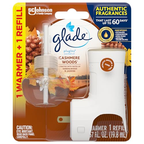 Glade PlugIns Refills Air Freshener Starter Kit, Cashmere Woods, Scented and Essential Oils for Home and Bathroom, 0.67 Fl Oz, 1 Warmer + 1 Refill