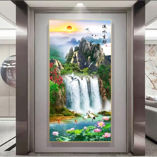 Tableau Feng Shui de montagne et rivière pour une entrée zen en toile 40x80cm avec cadre