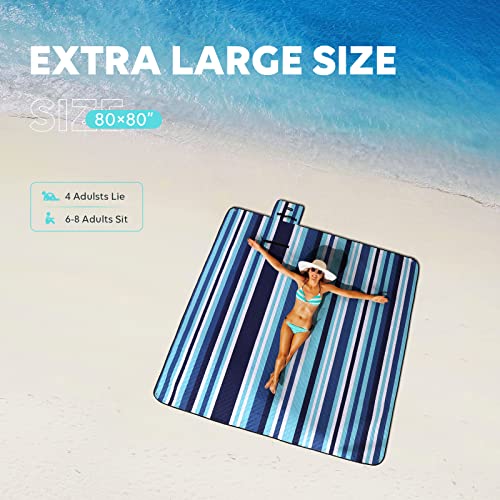 ZAZE Picnic Blankets Beach Blanket, 80''x80'' Extra Large Thick 3-Layers, Sandproof Machine Washable Waterproof Foldable Oversized XL Outdoor Mat, for Camping, Park, Travel, Grass(Blue White Stripe) - Image 3