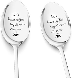 PRSTENLY Anniversary Christmas Birthday Gifts for Her Him Engraved Coffee Spoon, 2 Pcs Personalized Stainless Steel Spoon Couple Gifts, Valentines Day Wedding Engagement Graduation Gifts for Couples