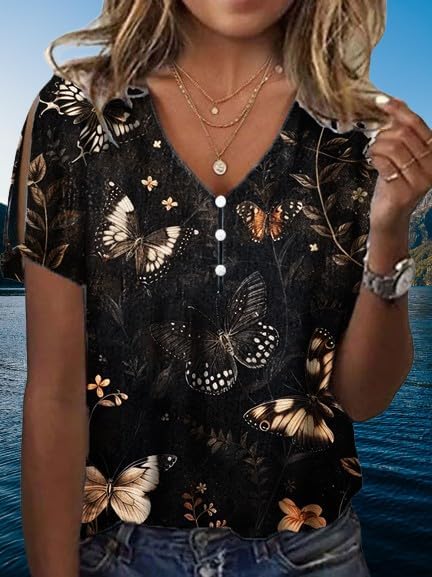 Women's Boho Butterfly Floral Print Cold Shoulder Flowy Tops Summer Dressy Casual V Neck Ladies Blouses Tunic Tops - Image 2
