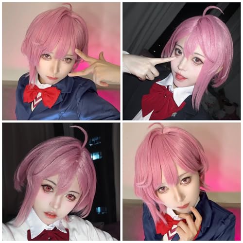 Image of Half and Half Aira Shiratori Cosplay Wig Short Pink Anime Wigs with Side Part Bangs for Women Deep Pink Wigs for Halloween Party Daily Costumes