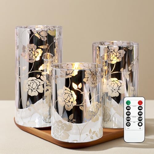 Image of Floral Glass Flameless Candles Rose Romantic Battery Operated with Remote Flickering LED Silver Real Wax Pillar Candle for Valentine's Day Wedding Party Home Christmas Decor, Set of 3