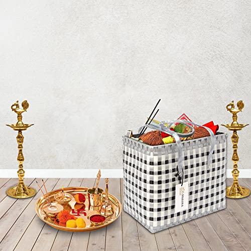 Image of Arnavira Handmade Multipurpose Basket with Lid 7.5L Used as Gift Hamper,Decorative Basket For Gifting,Basket For Puja (25 x 13 x 22 cm) (Silver White, Small)