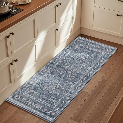 OPPODREAM Vintage Blue 2x6 Runner Rug, 2 x 6 Retro Washable Rug Non Slip, Low-Pile Faux Wool Carpet, Soft Distressed Navy Floor Mat for Kitchen, Hallway, Entry-Way, Entrance, Indoor Back Door