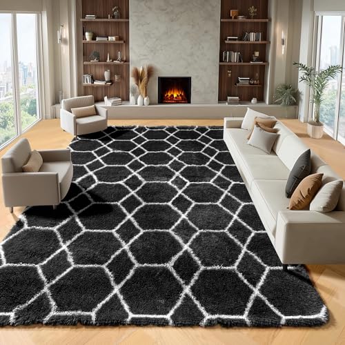 ONASAR 8x10 Area Rugs for Living Room, Fluffy Black and White Bedroom Rug, Geometric Boho Large Soft Plush Shaggy Fuzzy Floor Carpet for Nursery Kids Classroom Playroom Dorm Home Decor
