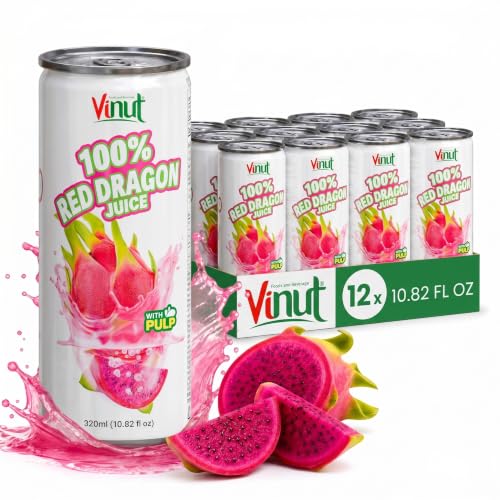 Image of VINUT 100% Red Dragon Fruit Juice with Pulp (Pitaya), No Added Sugar, Not From Concentrate, Gluten Free & Non-GMO Drink, 100% Vegan /Plant-Based, 10.82 fl oz Cans (Pack of 12)