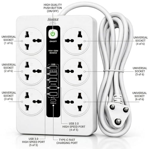 Image of MD Proelectra Premium Strong Extension Board with 6 Universal Sockets, 5 USB Ports, 1 Type-C, 2500W Power Strip with LED Display and Master Switch, Multi Plug Board for Home & Office