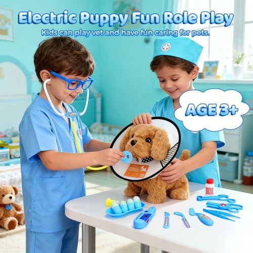UBeesize 31Pcs Arztkoffer Kinder mit Elektrischer Hund Spielzeug der Läuft und Bellt, Interaktiver Hund Echt Stethoskop, Thermometer für Tierarzt Spielzeug Arztkoffer Kinder ab 3-5 Jahre Blau
