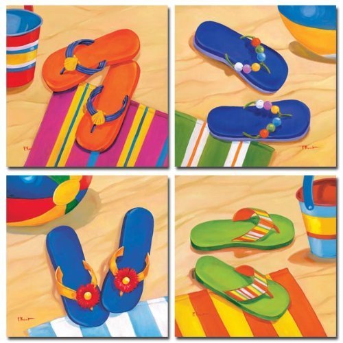 WallsThatSpeak Flip Flops Beach Sand Prints Orange Blue Green Ocean by Paul Brent, 8 x 8-Inch, Set of 4, Orange/Red/Blue/Yellow
