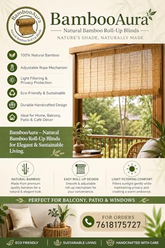 Image of BambooAura Natural Bamboo Roll-Up Window Shade Blind | Light Filtering Bamboo Chick Curtain | Eco-Friendly Sun Protection (4ft x 7ft - W x H) (Natural Beige with Dark Green Border, (4ft x6ft -W x H))