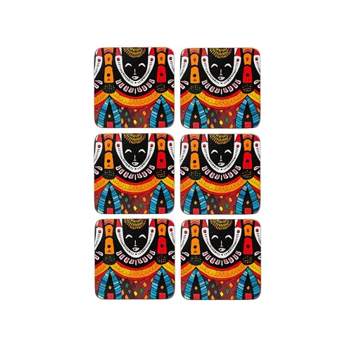 matop Ethnic Mask Wooden Coasters Set of 6 – Tribal Inspired Cork Drink Mats – Heat Resistant Cultural Decor for Boho, Artistic, or Global-Themed Homes